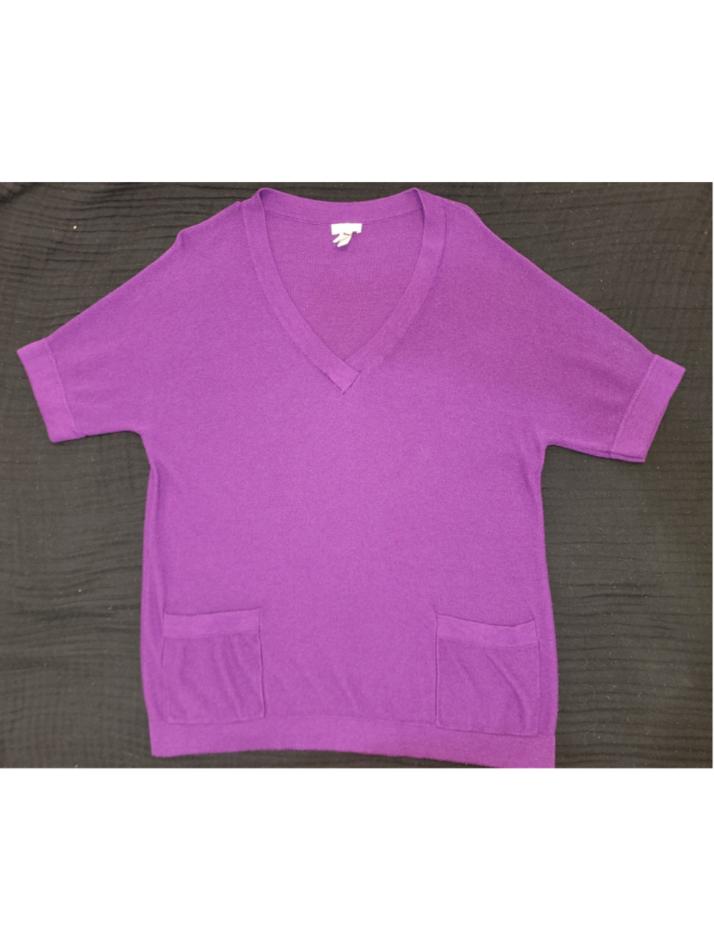 Chico's Purple V Neck Sweater Top Size 2 US Large Short Sleeve Knit Pocket Top